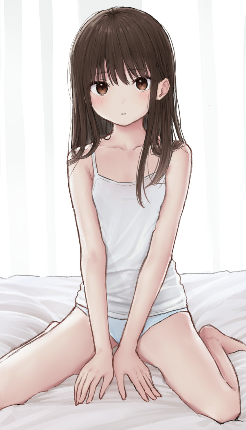 1girl akipeko black_hair blush brown_eyes camisole collarbone curtains female_focus highres long_hair looking_at_viewer on_bed original paid_reward_available panties parted_lips sitting solo underwear v_arms wariza white_panties