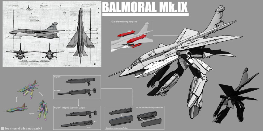 absurdres balmoral_mk.ix battroid commentary comparison concept_art drone english_commentary english_electric_lightning gerwalk gun gunpod h&amp;k_mp5 highres machinery macross mecha military military_vehicle original realistic robot science_fiction sketch special_air_service submachine_gun suppressor uzuki_(uzukinokaze) variable_fighter weapon