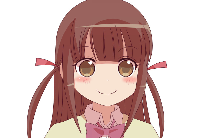 1girl blunt_bangs bow bowtie brown_eyes brown_hair cardigan close-up closed_mouth collared_shirt hair_ribbon highres kuripeaki long_hair mukunoki_chihiro portrait red_bow red_bowtie red_ribbon ribbon school_uniform shinohayu_the_dawn_of_age shirt sidelocks simple_background smile solo transparent_background two_side_up white_shirt yellow_cardigan