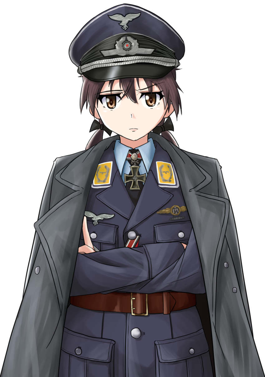 1girl bird brown_eyes brown_hair cross eagle gertrud_barkhorn hat highres insignia iron_cross jacket luftwaffe military military_hat military_jacket military_uniform peaked_cap strike_witches swastika twintails user_wheh8572 world_witches_series