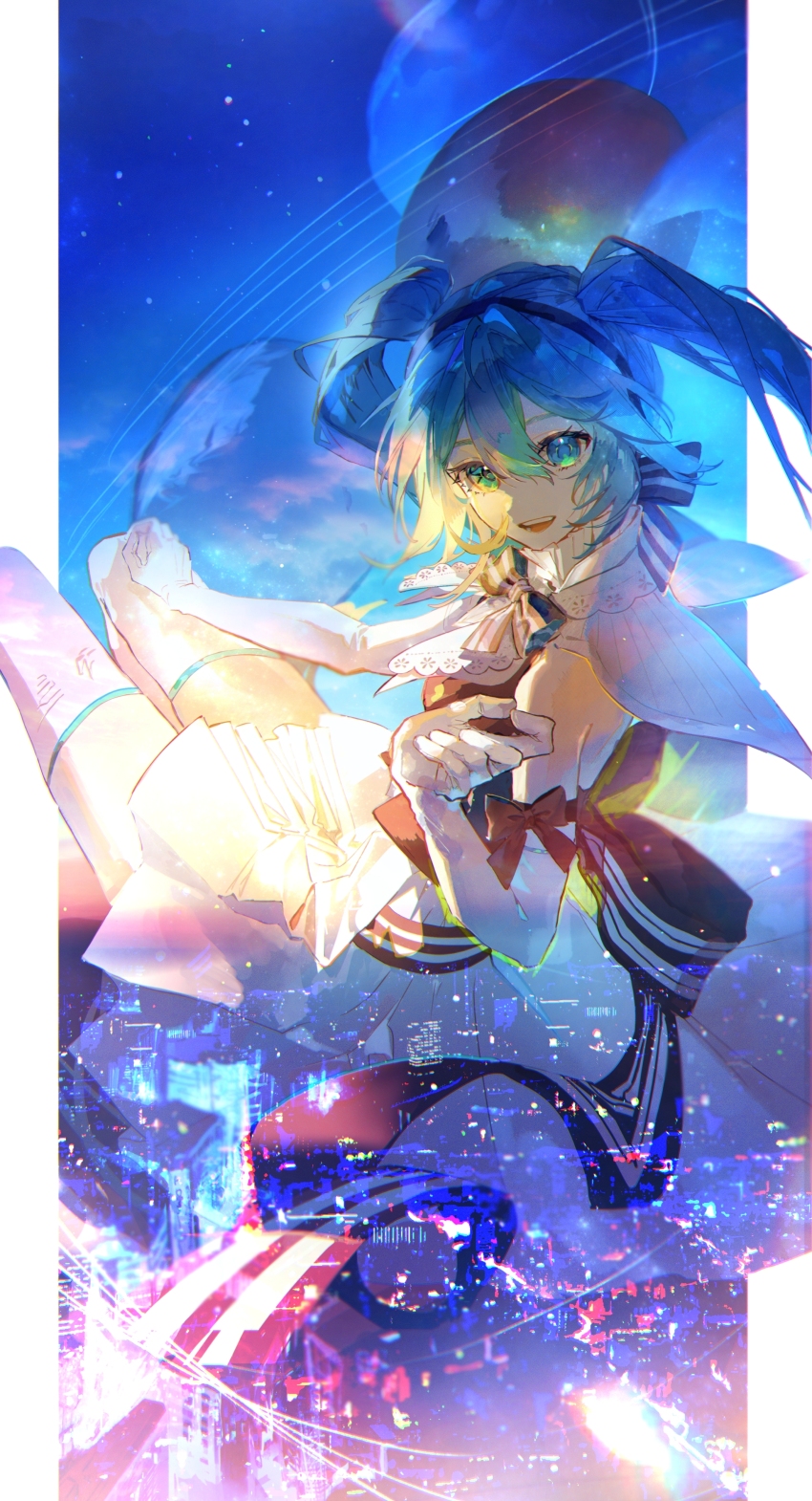 1girl :d absurdres black_bow blue_eyes blue_hair bow bowtie city city_lights cityscape double_exposure elbow_gloves evening from_side gloves hair_between_eyes hair_bow hand_on_own_leg hand_up hatsune_miku highres karanagare long_hair looking_at_viewer miniskirt open_mouth outdoors pillarboxed planet pleated_skirt sidelocks skirt smile solo star_(sky) striped_bow teeth thighhighs twintails upper_teeth_only very_long_hair vocaloid white_bow white_bowtie white_gloves white_skirt white_thighhighs zettai_ryouiki