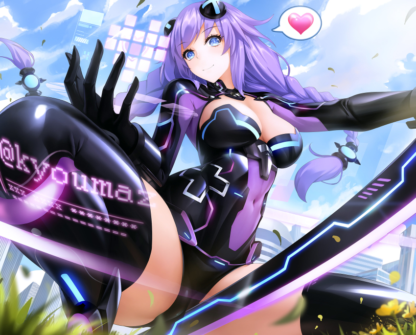 1girl black_leotard black_thighhighs blue_eyes blurry blush braid breasts cameltoe choujigen_game_neptune city cleavage cleavage_cutout closed_mouth clothing_cutout cloud depth_of_field female_focus floating_hair flower from_below grass hairpods head_tilt headgear heart highres holographic_interface interface large_breasts leotard long_hair looking_down low-tied_long_hair navel neck neptune_(neptunia) neptune_(series) obaoba_(monkeyix) outdoors power_symbol-shaped_pupils purple_hair purple_heart_(neptunia) revealing_clothes see-through_clothes shiny_clothes skin_tight sky smile solo spoken_heart spread_legs squatting symbol-shaped_pupils thighhighs twin_braids