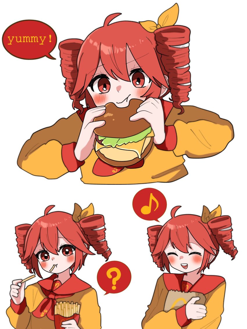 1girl ^_^ alternate_costume bag blush burger closed_eyes drill_hair eating food food_in_mouth french_fries hair_ribbon highres holding holding_bag holding_burger holding_food kasane_teto long_sleeves looking_at_viewer mcdonald&#039;s multiple_views neckerchief open_mouth paper_bag red_eyes red_hair red_neckerchief red_sailor_collar ribbon sailor_collar shirt simple_background smile speech_bubble twin_drills upper_body utau vvv_fnk white_background yellow_ribbon yellow_shirt