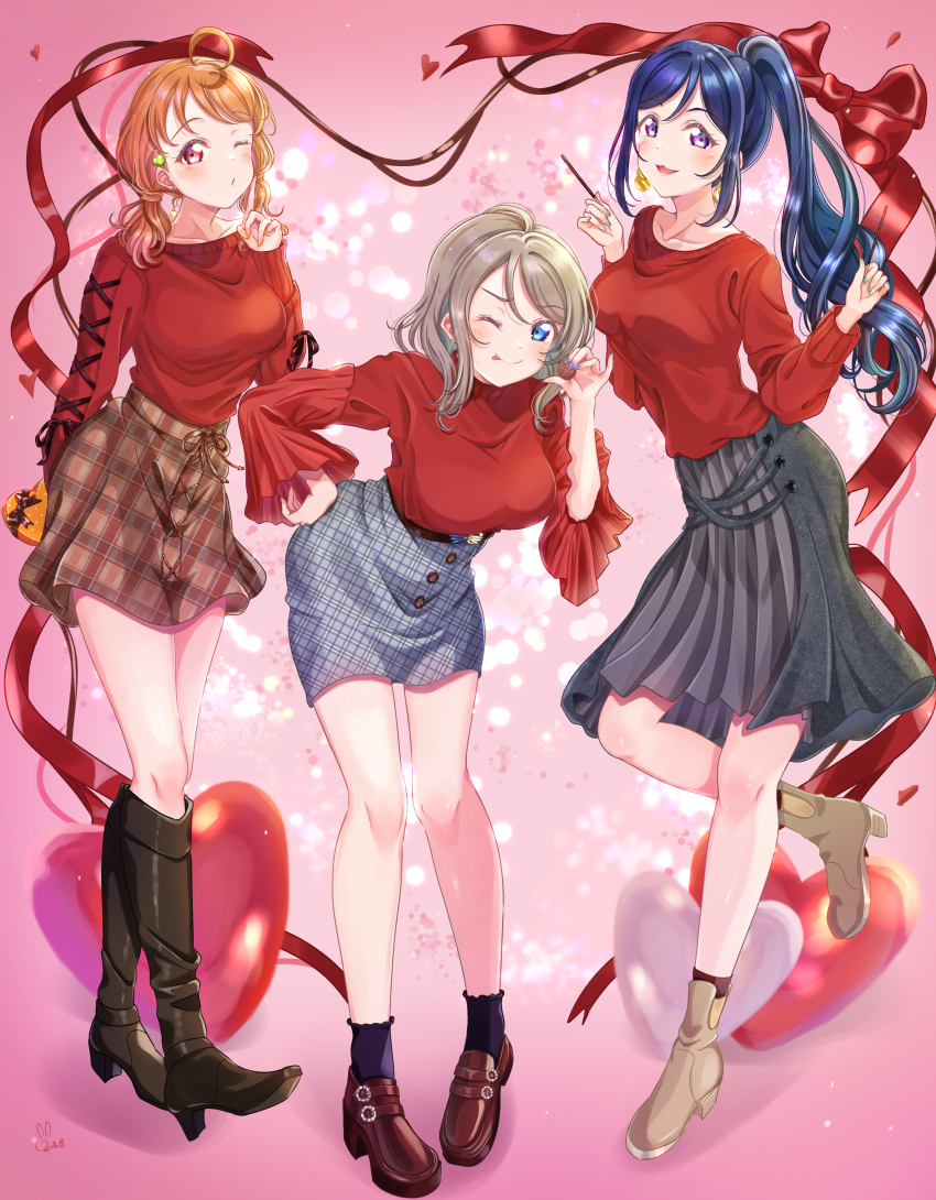 3girls black_boots blue_hair boots brown_boots brown_shoes female_focus iroenpitsu_xxx long_hair love_live! love_live!_sunshine!! matsuura_kanan multiple_girls shoes takami_chika watanabe_you