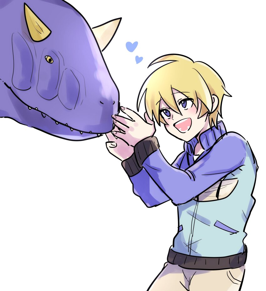 absurdres ace_(dinosaur_king) blonde_hair digimon_(creature) dinosaur dinosaur_king highres rex_owen smile