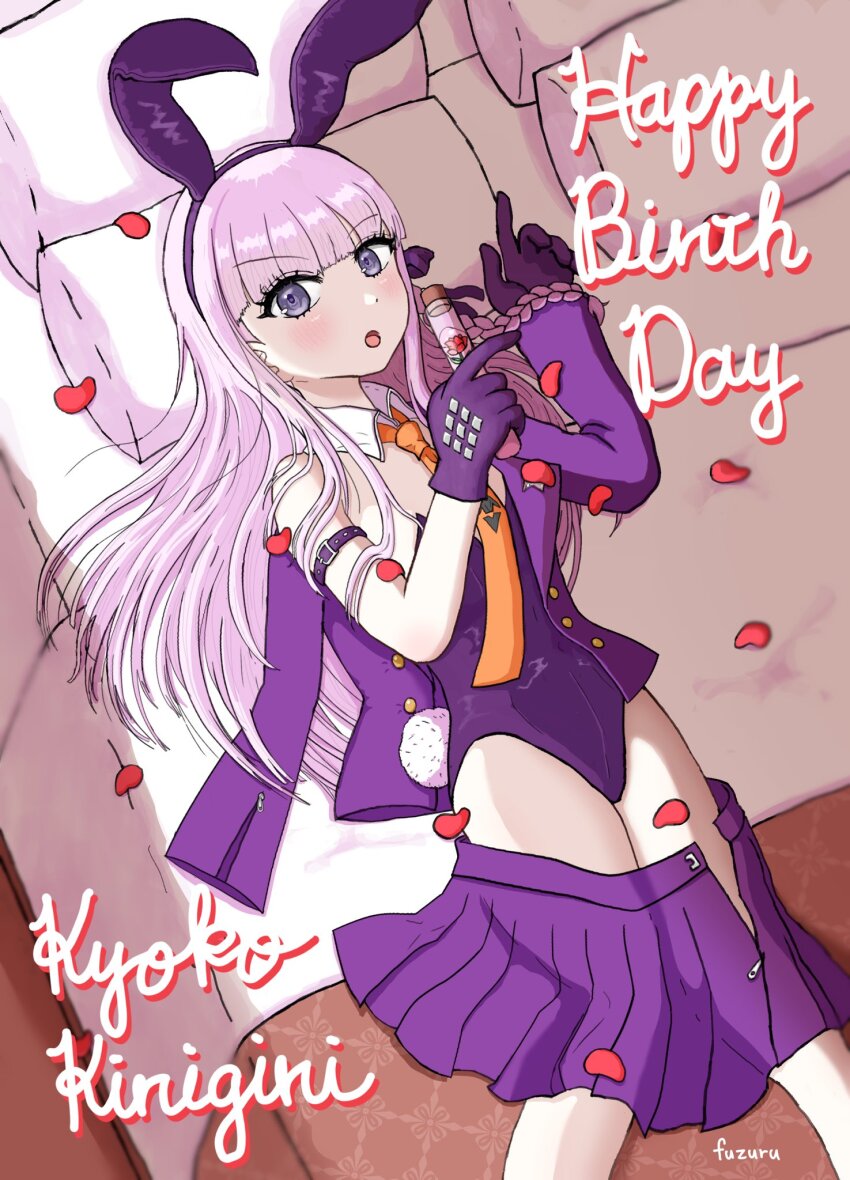 1girl :o animal_ears bed character_name danganronpa:_trigger_happy_havoc danganronpa_(series) detached_collar fake_animal_ears fake_tail feet_out_of_frame flat_chest fu_dzuru gloves grey_hair hands_up happy_birthday highres holding jacket kirigiri_kyoko leotard long_hair lying miniskirt official_alternate_costume on_back open_clothes open_jacket open_skirt petals pillow pink_jacket pink_skirt pleated_skirt purple_gloves purple_leotard rabbit_ears rabbit_girl rabbit_tail skirt solo tail