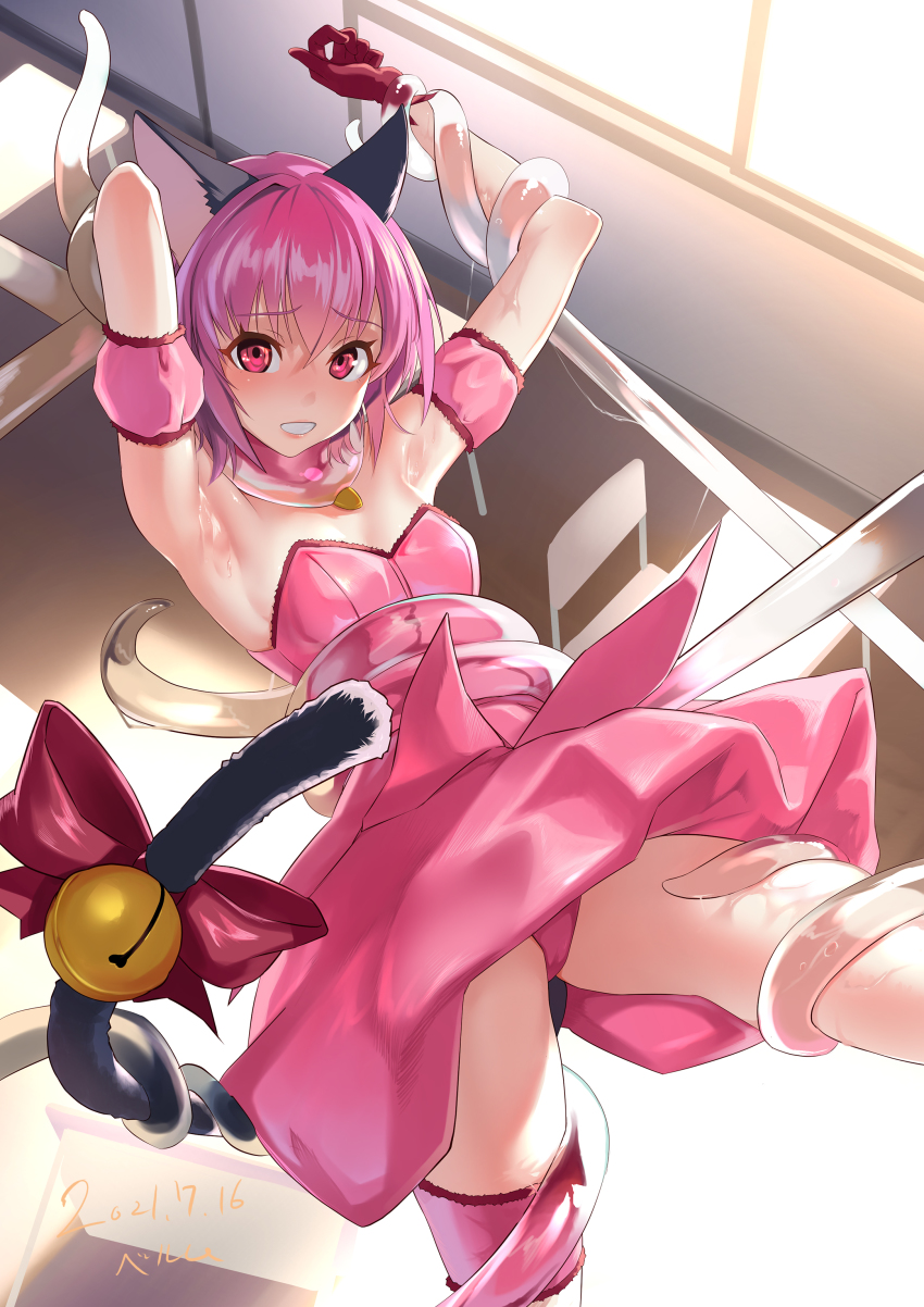 1girl absurdres alone_belm animal_ears armpits arms_behind_back bare_legs bare_shoulders bdsm bell bondage bound breasts cat_ears cat_girl cat_tail classroom cleavage dress gloves hair_between_eyes highres jewelry legs legs_apart looking_back magical_girl mew_ichigo miniskirt momomiya_ichigo necklace open_mouth panties pink_dress pink_hair pink_panties red_eyes red_gloves ribbon short_hair skirt solo tail tail_ornament tail_ribbon teeth tentacles thighband tokyo_mew_mew underwear