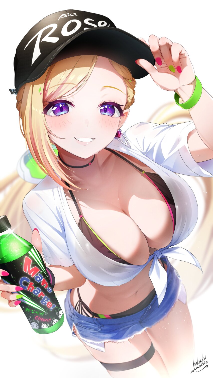 1girl absurdres aki_rosenthal baseball_cap bikini black_bikini blonde_hair bottle braid breasts character_name choker cleavage denim denim_shorts earrings from_above green_nails grin groin hat highres holding holding_bottle hololive jewelry large_breasts long_hair looking_at_viewer midriff nail_polish navel nemu_iine pink_nails pointy_ears purple_eyes shirt short_shorts shorts signature simple_background skindentation smile solo stomach sweat swimsuit thigh_strap tied_shirt virtual_youtuber white_background