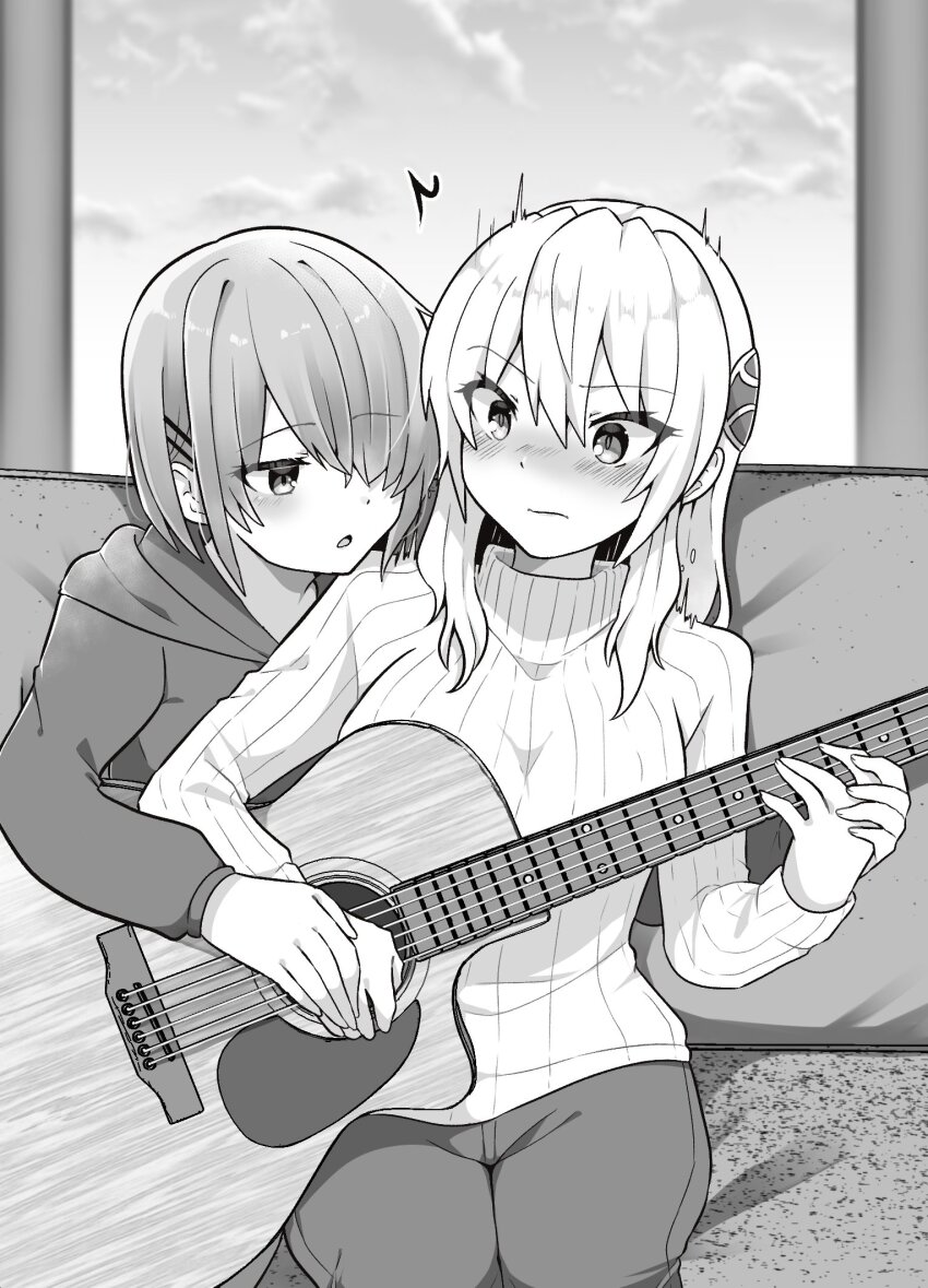 2girls breasts couch guitar hair_between_eyes hair_ornament hair_over_one_eye hairclip heaven_burns_red highres hug hug_from_behind instrument kayamori_ruka long_hair monochrome multiple_girls puyopiku shirakawa_yuina short_hair sidelocks yuri