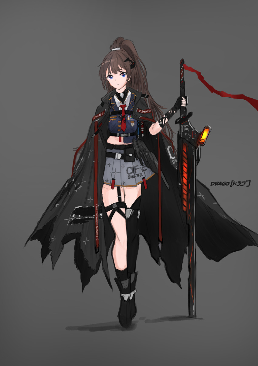 1girl absurdres artist_request black_gloves black_hair black_thighhighs blue_eyes cape character_name eminent_domain_(project_wingman) fingerless_gloves gloves grey_skirt high_ponytail highres holding holding_sword holding_weapon necktie personification project_wingman red_neckwear single_thighhigh skirt source_request sword thighhighs weapon