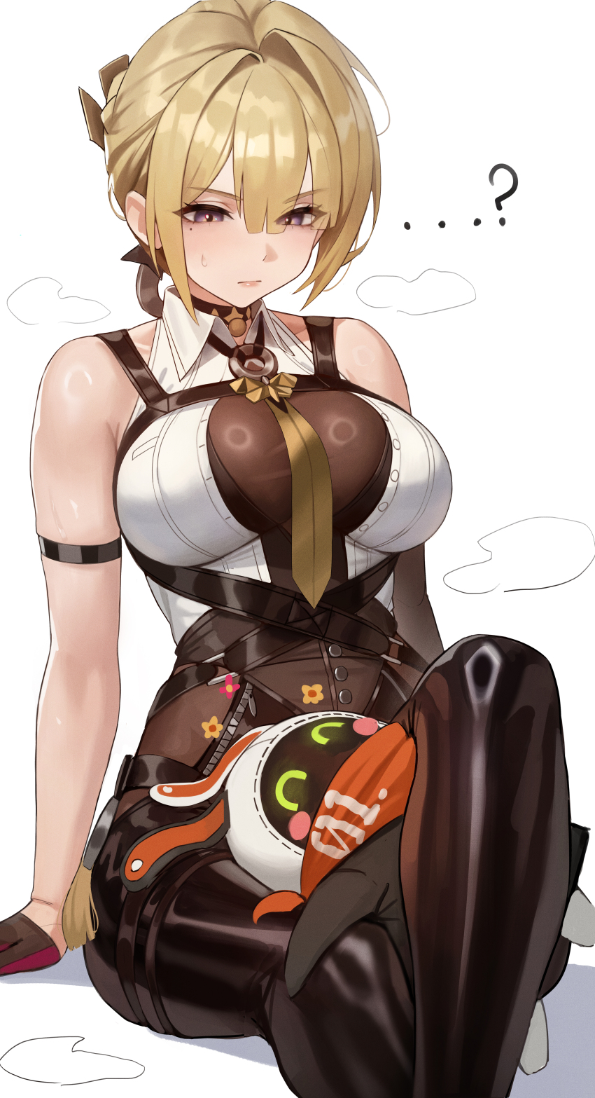 ...? 1girl absurdres bangboo_(zenless_zone_zero) bare_shoulders between_legs black_choker black_gloves black_pants blonde_hair breasts choker closed_mouth collared_shirt commentary elbow_gloves eous_(zenless_zone_zero) evelyn_chevalier gloves high-waist_pants highres hyuk_(yeayeo) large_breasts looking_down mole mole_under_eye necktie pants revision ring_hair_ornament shirt short_hair simple_background single_elbow_glove sitting sweatdrop tight_clothes tight_pants white_background white_shirt yellow_necktie zenless_zone_zero