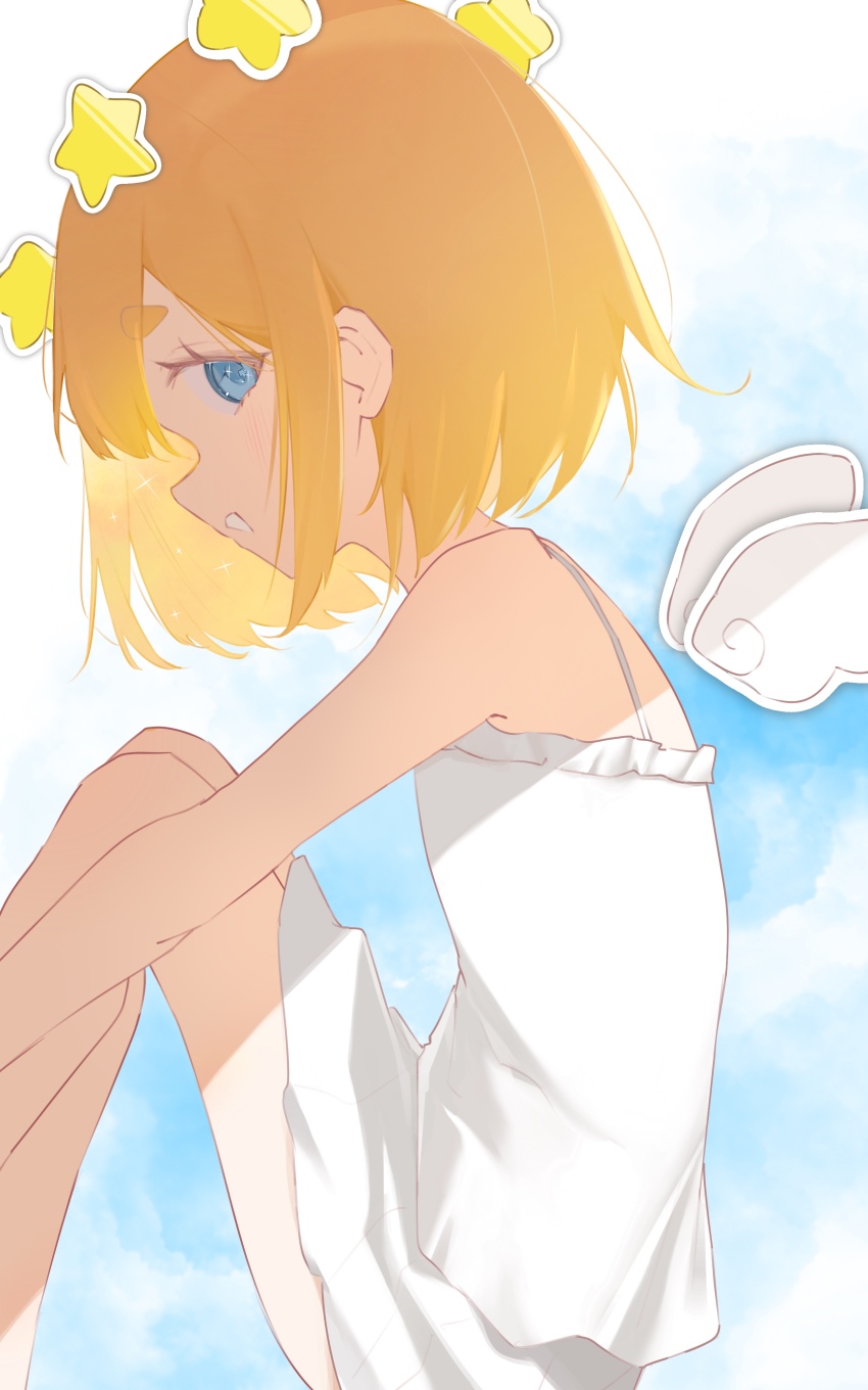 1girl absurdres aichry angel angel_wings bare_shoulders blonde_hair blue_eyes blue_sky cloud from_side highres looking_at_viewer original short_hair sitting sky smile solo wings