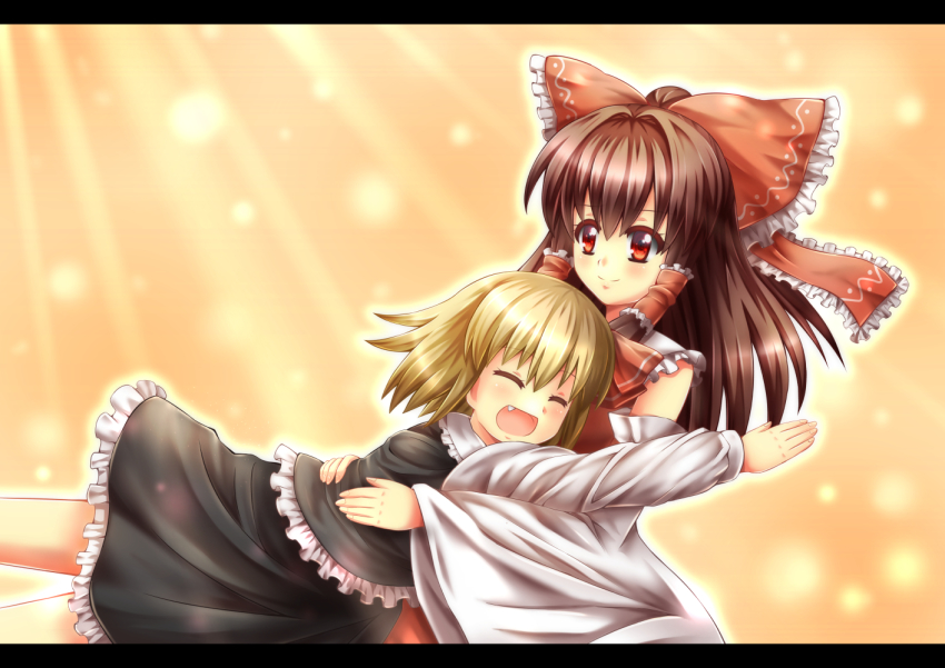 2girls black_skirt blonde_hair blouse bow brown_hair closed_eyes detached_sleeves divinebuster12 fang glomp hair_bow hair_ribbon hair_tubes hakurei_reimu hug letterboxed long_hair multiple_girls open_mouth outstretched_arms red_bow red_eyes red_ribbon ribbon rumia shirt short_hair skirt smile touhou vest white_shirt