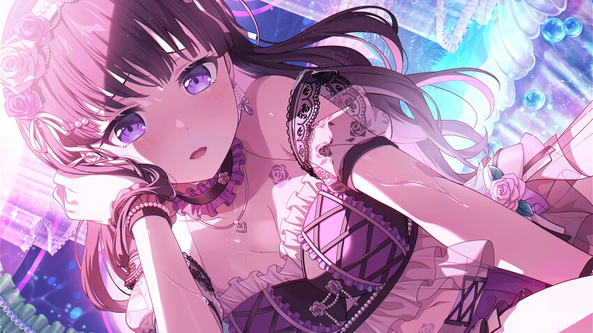 1girl absurdres arm_up bang_dream! bare_shoulders bikini bikini_skirt black_bikini black_hair blunt_bangs blush bracelet breasts cleavage collar earrings fingernails flower flower_tattoo frilled_bikini frills hair_flower hair_ornament hair_ribbon highres jewelry long_hair looking_at_viewer medium_breasts navel necklace official_art open_mouth pov purple_bikini purple_eyes ribbon rose shirokane_rinko solo swimsuit tattoo third-party_source two_side_up water wet