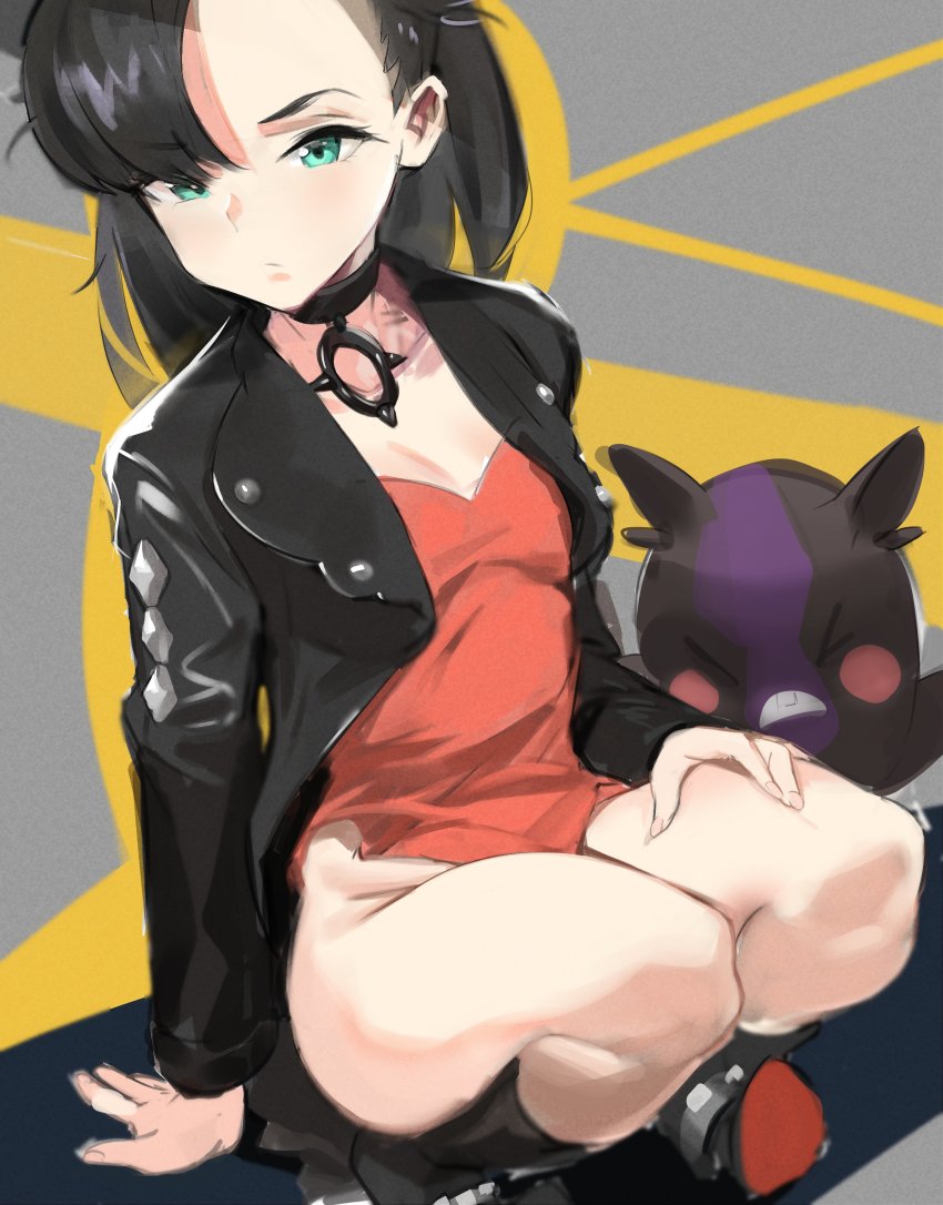 &gt;_&lt; 1girl absurdres asymmetrical_bangs black_choker black_hair black_jacket bloop_(archives) breasts choker cleavage creatures_(company) deep_skin dress expressionless forehead game_freak gen_8_pokemon green_eyes hand_on_own_thigh highres jacket jewelry leather leather_jacket legs_together marnie_(pokemon) microdress morpeko morpeko_(hangry) nintendo no_panties pendant pokemon pokemon_(creature) pokemon_swsh red_dress small_breasts solo_focus squatting thighs undercut