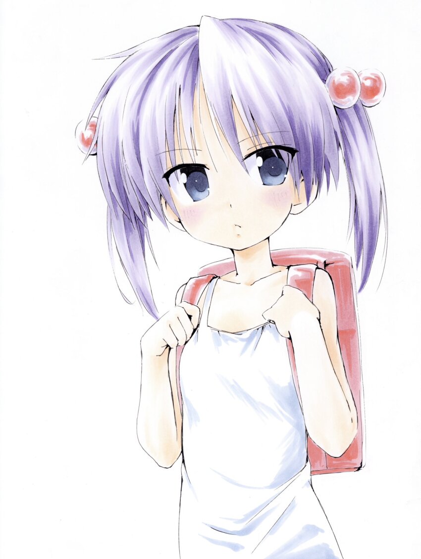 1girl :&lt; aged_down alternate_hairstyle backpack bag blue_eyes blush child dress hair_bobbles hair_ornament highres hiiragi_kagami lucky_star purple_hair randoseru shiki_59 short_hair short_twintails simple_background solo tsurime twintails