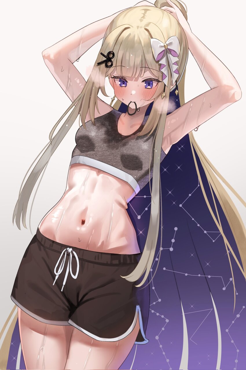 1girl amanogawa_shiina armpits blonde_hair blush bow colored_inner_hair commentary commission dolphin_shorts english_commentary hair_bow hair_tie_in_mouth highres long_hair madai_(mappy) midriff mouth_hold multicolored_hair navel phase_connect ponytail purple_eyes purple_hair scissors_hair_ornament second-party_source shorts solo sports_bra sweat tying_hair very_long_hair very_sweaty virtual_youtuber white_bow