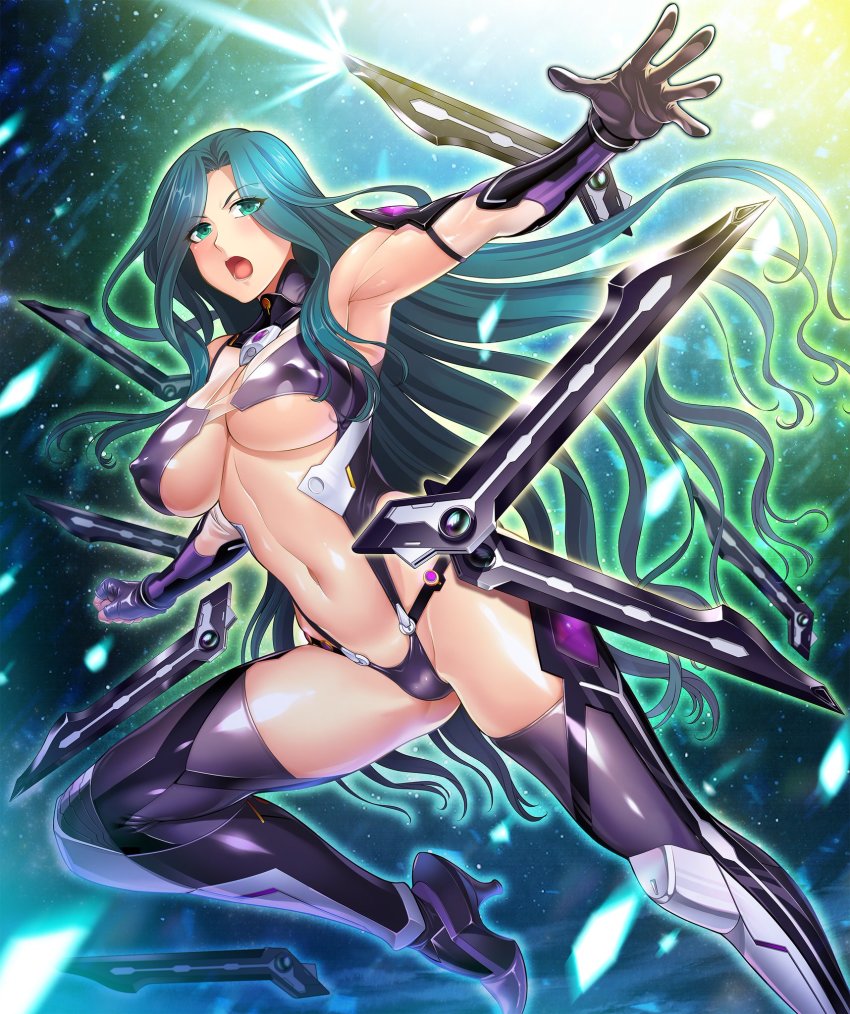 1girl aqua_hair armor bikini_armor blush bodysuit boots breasts covered_erect_nipples curvy female_focus green_eyes highres large_breasts lilith-soft long_hair looking_at_viewer makishima_ayame open_mouth partially_visible_vulva shiny_skin solo taimanin_(series) taimanin_asagi_kessen_arena taimanin_kurenai weapon zol