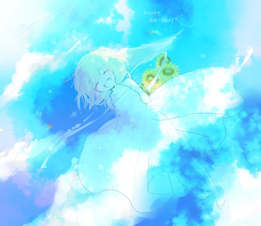 1girl air_(visual_novel) bare_shoulders blonde_hair blue_eyes blush closed_eyes cloud dress flower highres kamio_misuzu kayune_niu open_mouth short_hair simple_background sky smile solo sunflower white_dress