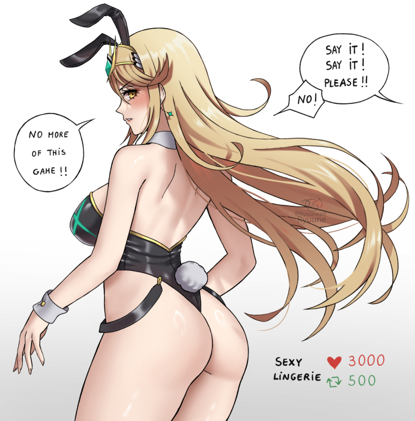 1girl animal_ears ass black_leotard blonde_hair breasts detached_collar fake_animal_ears fake_tail highleg highleg_leotard large_breasts leotard long_hair looking_back mythra_(xenoblade) playboy_bunny rabbit_ears rabbit_tail ryuuneart strapless strapless_leotard swept_bangs tail very_long_hair wrist_cuffs xenoblade_chronicles_(series) xenoblade_chronicles_2 yellow_eyes