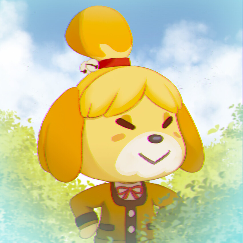 1girl :&gt; angelmo_cromwell animal_crossing animal_ears bell blonde_hair brown_cardigan bush cardigan cloud commentary dog_ears dog_girl english_commentary furry furry_female hands_on_own_hips highres isabelle_(animal_crossing) nintendo red_ribbon ribbon shirt sky smile white_shirt