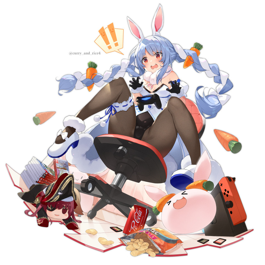 ! !! 2girls absurdres animal_ear_fluff animal_ears bicorne black_gloves black_leotard black_pantyhose blue_hair blush_stickers bow braid breasts bridal_garter brown_eyes can carrot carrot_hair_ornament chair chips_(food) controller don-chan_(usada_pekora) dress drink_can eyepatch food food-themed_hair_ornament from_below fur-trimmed_dress fur-trimmed_gloves fur_scarf fur_trim game_cartridge game_controller gloves hair_bow hair_ornament hat highres hololive houshou_marine ishihara_(kuniyoshi) leotard leotard_under_clothes looking_down md5_mismatch multiple_girls nintendo_switch nintendo_switch_dock office_chair open_mouth pantyhose pekomon_(usada_pekora) playboy_bunny potato_chips rabbit_ears rabbit_girl red_eyes red_hair resolution_mismatch ribbon shoes sidelocks sitting small_breasts soda_can source_smaller spread_legs swivel_chair thick_eyebrows twin_braids twitter_username usada_pekora usada_pekora_(1st_costume) virtual_youtuber wavy_mouth white_bow white_footwear white_ribbon