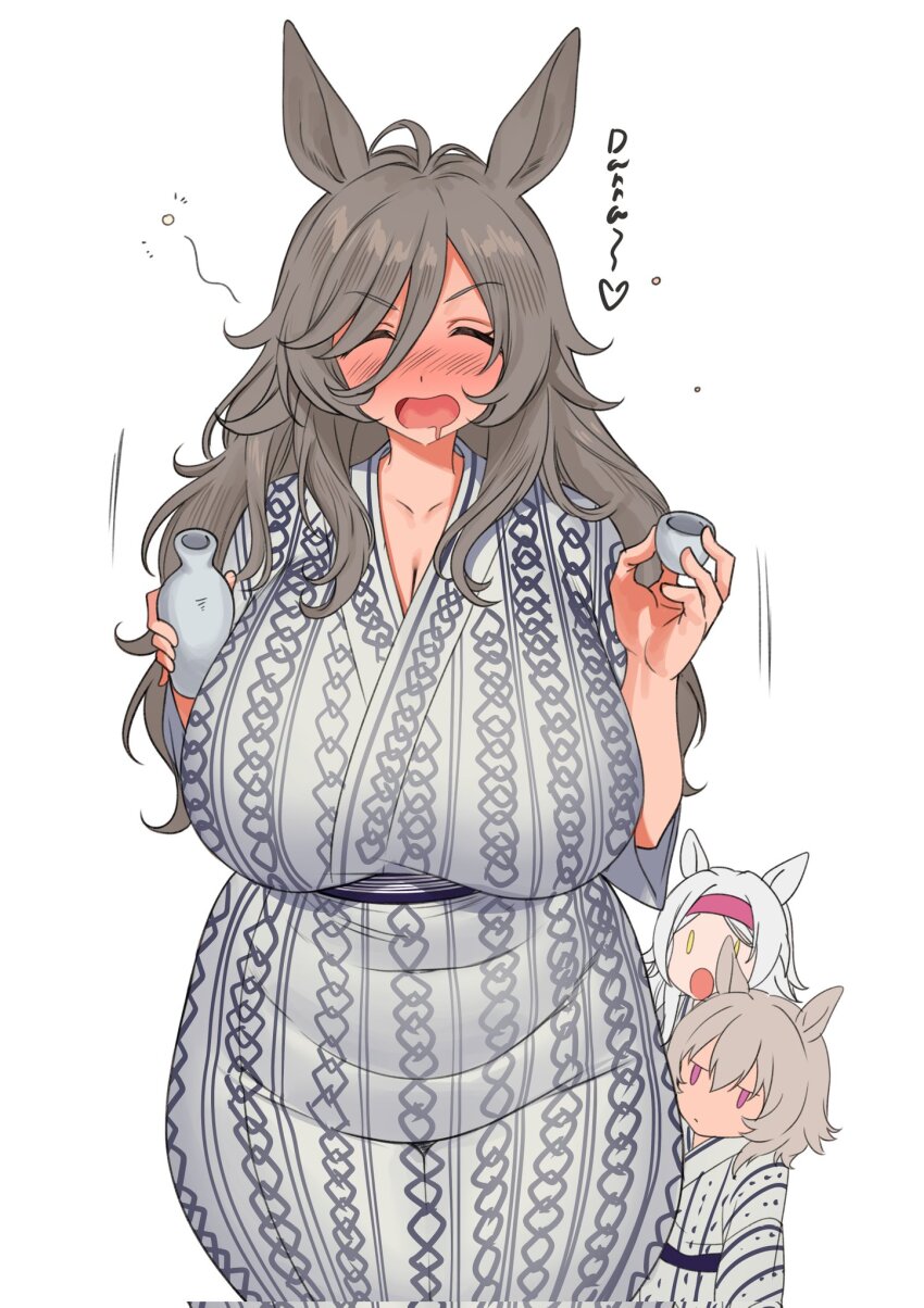 3girls animal_ears bath_yukata bottle breasts character_request choko_(cup) cleavage cup curren_chan_(umamusume) drunk fukuro_(maruaru00) grey_hair grey_kimono hairband highres horse_ears horse_girl horse_tail japanese_clothes jitome kimono large_breasts long_hair multiple_girls perry_steam_(umamusume) pink_eyes sake_bottle short_hair tail umamusume umamusume:_beginning_of_a_new_era white_hair yellow_eyes yukata