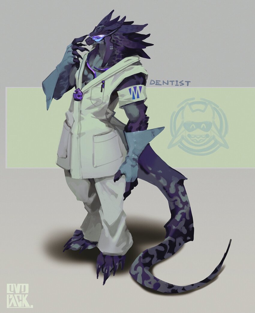 1boy artist_name barefoot blue_gloves claws coat colored_skin commentary_request dentist elbow_gloves fingerless_gloves furry furry_male gloves goggles green_background grey_background hand_up highres horns lizard_tail male_focus murayama_ryota no_lineart original pants pen_in_pocket pocket purple_skin reptile_boy simple_background sleeveless sleeveless_coat snout solo standing tail white_coat white_pants