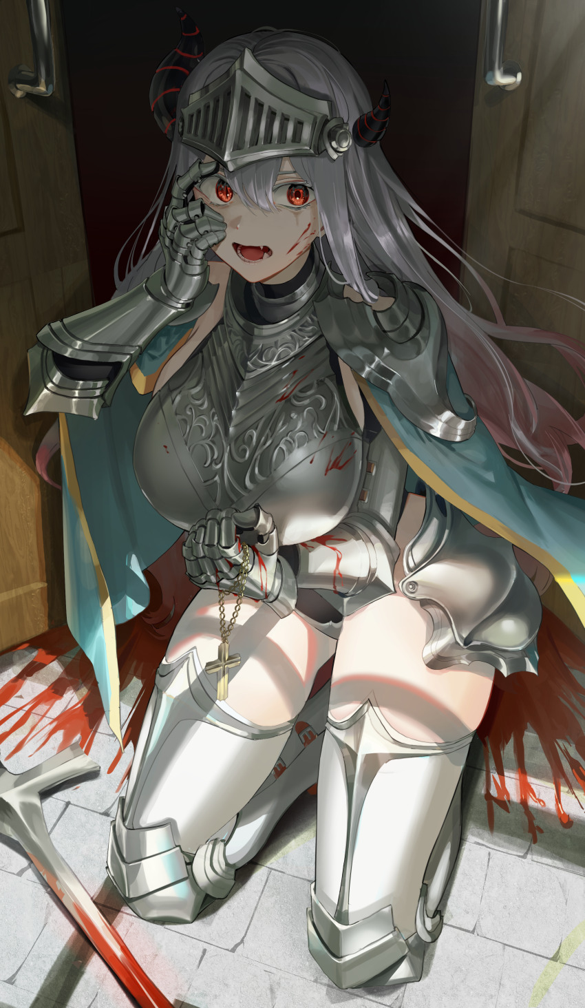 1girl absurdres armor armored_boots asymmetrical_horns blood blood_on_face blood_splatter bloody_weapon boots breastplate breasts commentary_request commission cross cross_necklace fang goback gradient_hair grey_hair hair_between_eyes hand_up highres hip_armor horns jewelry kneeling large_breasts long_hair looking_at_viewer multicolored_hair necklace open_door open_mouth original red_eyes red_hair solo sword unworn_jewelry unworn_necklace very_long_hair visor_(armor) weapon