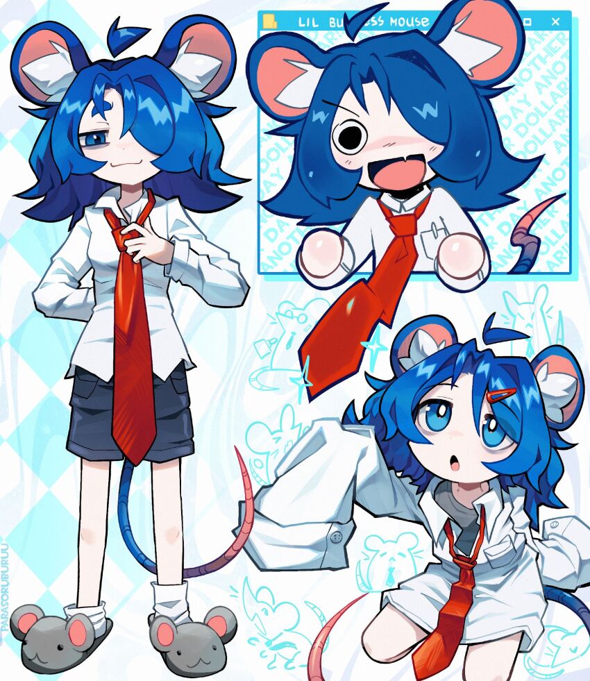 1girl :d ahoge animal_ear_fluff animal_ears animal_slippers arm_behind_back blue_hair breast_pocket bright_pupils closed_mouth collared_shirt detached_ahoge hair_ornament hair_over_one_eye hairclip highres long_hair mouse_ears mouse_girl mouse_tail multiple_views necktie open_mouth original oversized_clothes parasoru_buruu pocket red_necktie shirt shorts sleeves_past_fingers sleeves_past_wrists slippers smile socks solo tail white_pupils white_socks