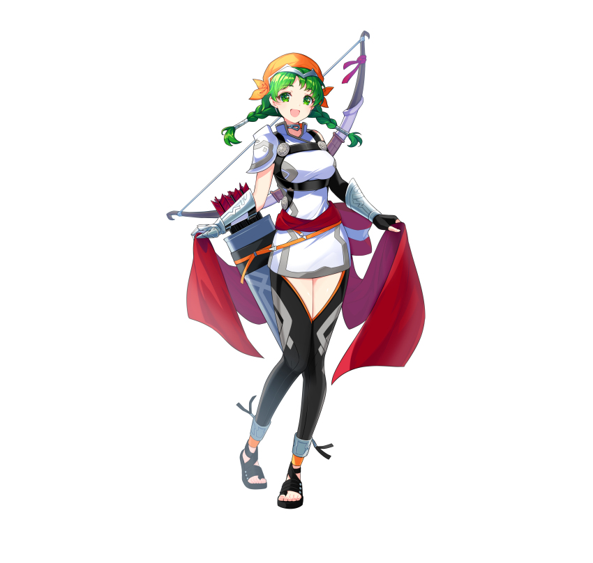 1girl absurdres alternate_costume armor bow_(weapon) braid breasts commentary_request dress fingerless_gloves fire_emblem fire_emblem:_the_blazing_blade fire_emblem_heroes full_body gloves green_eyes green_hair highres holding long_hair looking_at_viewer medium_breasts nintendo official_art open_mouth quiver rebecca_(fire_emblem) ringozaka_mariko sandals short_dress shoulder_armor silver_trim simple_background smile solo thighhighs twin_braids twintails weapon weapon_on_back white_background zettai_ryouiki