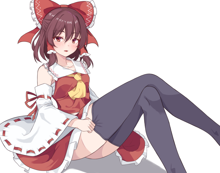 1girl ascot bare_shoulders black_thighhighs bow breasts brown_hair clothes_pull collarbone collared_shirt detached_sleeves feet_out_of_frame frilled_bow frilled_hair_tubes frilled_shirt_collar frilled_skirt frills full_body hair_bow hair_tubes hakurei_reimu highres light_blush long_sleeves looking_at_viewer midriff_peek open_mouth print_bow print_collar red_bow red_eyes red_ribbon red_shirt red_skirt ribbon ribbon-trimmed_sleeves ribbon_trim sarashi shadow shirt simple_background sitting skirt sleeveless sleeveless_shirt small_breasts solo thick_thighs thighhighs thighs touhou vel0x_s white_background wide_sleeves yellow_ascot