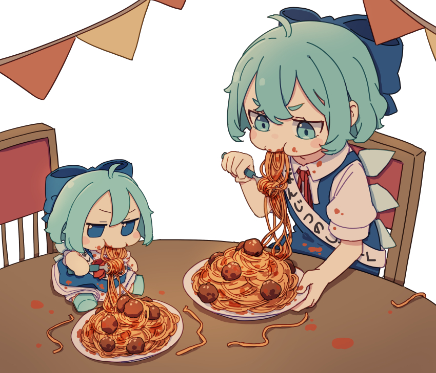 1girl absurdres blue_bow blue_dress blue_eyes blue_hair blush_stickers bow chair cirno cirno_day collared_shirt commentary_request crossed_bangs dress dual_persona eating fairy_wings food fork from_above fumo_(doll) hair_bow highres holding holding_fork holding_plate ice ice_wings jitome kame_(kamepan44231) meatball messy pasta pinafore_dress plate shirt short_hair short_sleeves simple_background sitting sleeveless sleeveless_dress spaghetti spaghetti_and_meatballs table text_print touhou white_background white_shirt wings