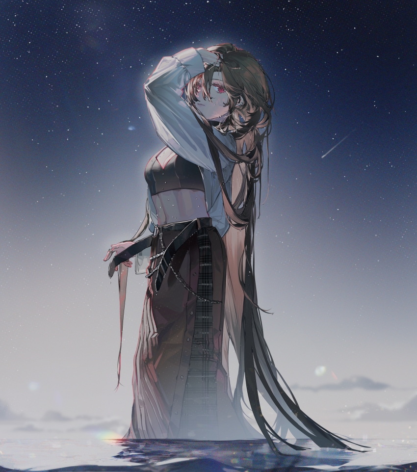 1girl absurdres belt blueblossom brown_hair brown_skirt chain closed_mouth cloud commentary commission crop_top english_commentary girls&#039;_frontline hair_between_eyes highres jewelry long_hair looking_at_viewer mondragon_m1908_(girls&#039;_frontline) navel night night_sky ocean outdoors pixiv_commission red_eyes ring shirt shooting_star skirt sky standing very_long_hair wading water wet white_shirt