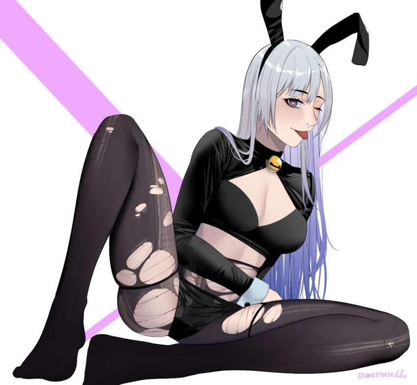 1girl ak-12_(girls&#039;_frontline) alternate_costume animal_ears artist_name black_bra black_panties black_pantyhose blush bra breasts cleavage darkpulsegg fake_animal_ears full_body girls&#039;_frontline grey_hair leotard long_hair long_sleeves looking_at_viewer medium_breasts no_shoes one_eye_closed open_mouth panties pantyhose playboy_bunny purple_eyes rabbit_ears simple_background sitting smile solo tongue tongue_out torn_clothes torn_pantyhose underwear white_wrist_cuffs wrist_cuffs