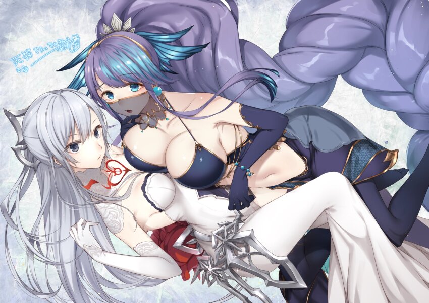 2girls bad_tag bikini blue_eyes blue_gloves blue_hair blush bracelet breasts breasts_squeezed_together clothing_cutout commission dress earrings elbow_gloves fins gloves grey_eyes hair_ornament head_fins highres implied_yuri jewelry large_breasts long_hair looking_at_viewer mask medium_breasts mouth_mask multicolored_hair multiple_girls navel navel_cutout ningyo_hime_(sinoalice) pantyhose purple_hair second-party_source sidelocks simple_background sinoalice skeb_commission snow_white_(sinoalice) swimsuit teroru tiara two-tone_hair white_gloves white_hair