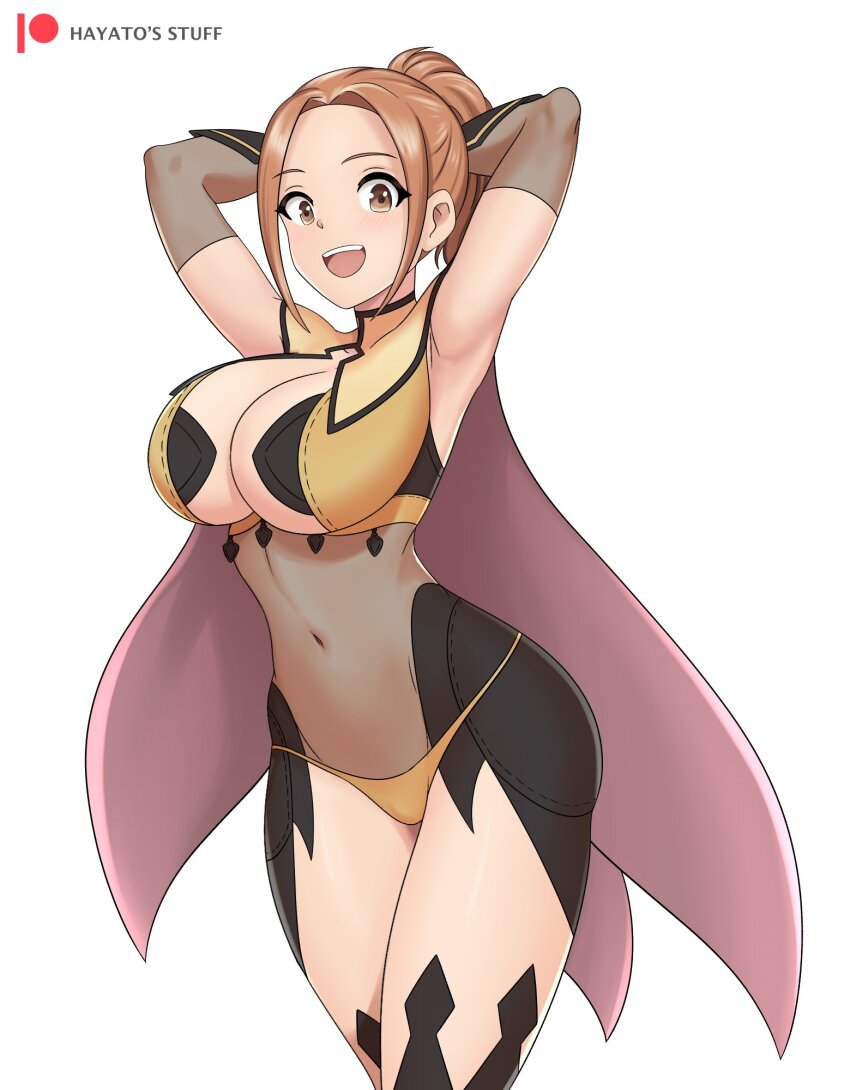 1girl armpits arms_up artist_name bodystocking breasts bridal_gauntlets brown_eyes brown_hair cape cosplay covered_navel cropped_legs dark_mage_(fire_emblem_fates) digimon digimon_adventure digimon_adventure:_last_evolution_kizuna fire_emblem fire_emblem_fates groin hands_behind_own_head hayato_stuff highres large_breasts navel nintendo open_mouth ophelia_(fire_emblem) ophelia_(fire_emblem)_(cosplay) panties patreon_logo ponytail simple_background solo solo_focus tachikawa_mimi teeth thighhighs tongue underwear white_background yellow_panties