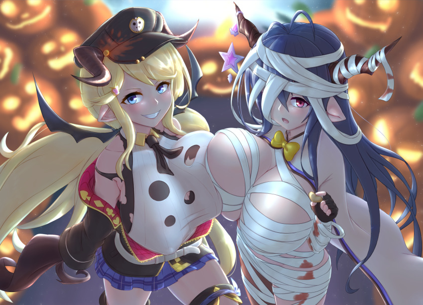 2girls antenna_hair bandage_over_one_eye bandaged_arm bandaged_head bandaged_leg bandages bare_shoulders black_gloves black_hair black_jacket blonde_hair blue_eyes blue_skirt bow bowtie breast_press breasts cleavage cleavage_cutout clothing_cutout cowboy_shot cream_cod danua draph fingerless_gloves gloves granblue_fantasy grin hair_between_eyes hallessena halloween halloween_costume hat highres horn_ornament horns jack-o&#039;-lantern jacket large_breasts long_hair looking_at_viewer miniskirt multiple_girls off_shoulder open_clothes open_jacket open_mouth peaked_cap plaid_clothes plaid_skirt pleated_skirt pointy_ears red_eyes shirt skirt sleeveless sleeveless_shirt smile star_(symbol) thighhighs yellow_bow yellow_bowtie