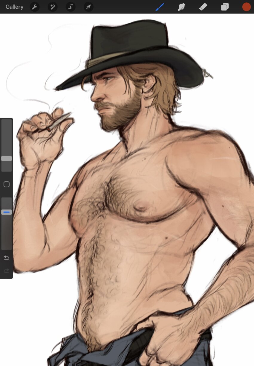 1boy art_program_in_frame arthur_morgan bara beard brown_hair cowboy_hat cowboy_shot facial_hair full_beard hairy hat highres jeanivere looking_ahead male_focus mature_male navel navel_hair nipples pectorals profile red_dead_redemption_(series) red_dead_redemption_2 short_hair smoking solo sparse_chest_hair standing stomach thick_arm_hair thick_navel_hair toned toned_male topless_male unfinished