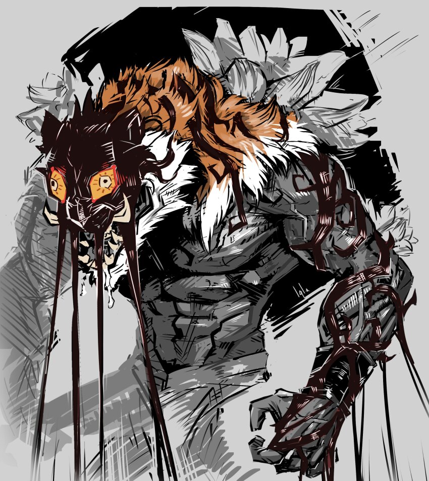 1boy absurdres animal_ears body_fur colored_sclera constricted_pupils cowboy_shot crazy_eyes dream_tiger_(govy9807) drooling furry furry_male highres hunched_over iglaartist male_focus muscular muscular_male orange_fur orange_sclera original personification sharp_teeth solo standing teeth tiger_boy tusks white_background yellow_eyes