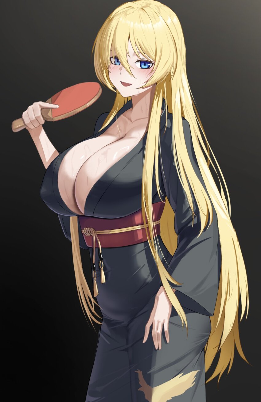 1girl azur_lane bismarck_(azur_lane) blonde_hair blue_eyes blush breasts cleavage covered_erect_nipples cowboy_shot hair_between_eyes highres japanese_clothes large_breasts lom_(lom_lom_8) long_hair looking_at_viewer paddle simple_background smile solo sweat table_tennis_paddle very_long_hair