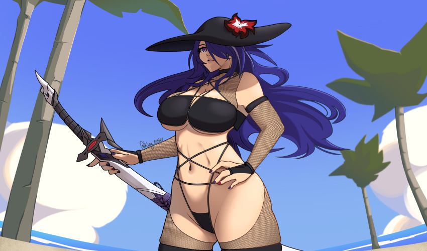 absurdres acheron_(honkai:_star_rail) acheron_(izumo)_(honkai:_star_rail) beach bikini black_bikini black_choker breasts choker cleavage day goth_fashion hair_over_one_eye highres honkai:_star_rail honkai_(series) king_rosier large_breasts mihoyo non-web_source ocean self-upload stomach swimsuit twitter_username