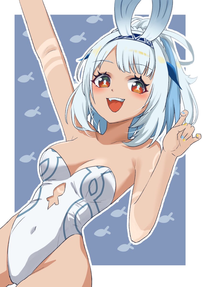 1girl :d animal_print arm_up bare_arms bare_shoulders blue_hair blue_hairband breasts bright_pupils bunny_day clothing_cutout commentary covered_navel cowboy_shot cutout_above_navel fish_print genshin_impact groin hairband highres leotard light_blue_hair looking_at_viewer medium_breasts medium_hair mualani_(genshin_impact) nail_polish open_mouth red_eyes shiro_(white_l0l_46) smile solo strapless strapless_leotard symbol-shaped_pupils teeth upper_teeth_only white_leotard white_pupils