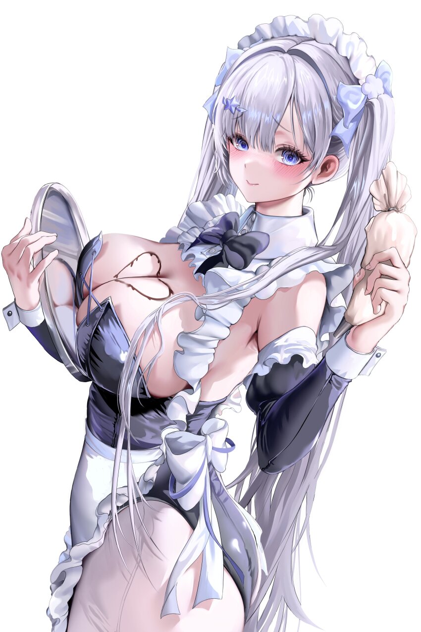 1girl absurdres alternate_costume apron ass black_bow black_bowtie black_leotard blue_eyes blush bow bowtie breasts candy chocolate chocolate_heart chocolate_on_body chocolate_on_breasts cinderella_(nikke) cleavage commentary english_commentary food food_on_body from_side furuming1 goddess_of_victory:_nikke grey_hair heart heart-shaped_food highres large_breasts leotard long_hair maid maid_apron maid_headdress pantyhose simple_background solo thighs twintails white_background white_pantyhose wrist_cuffs