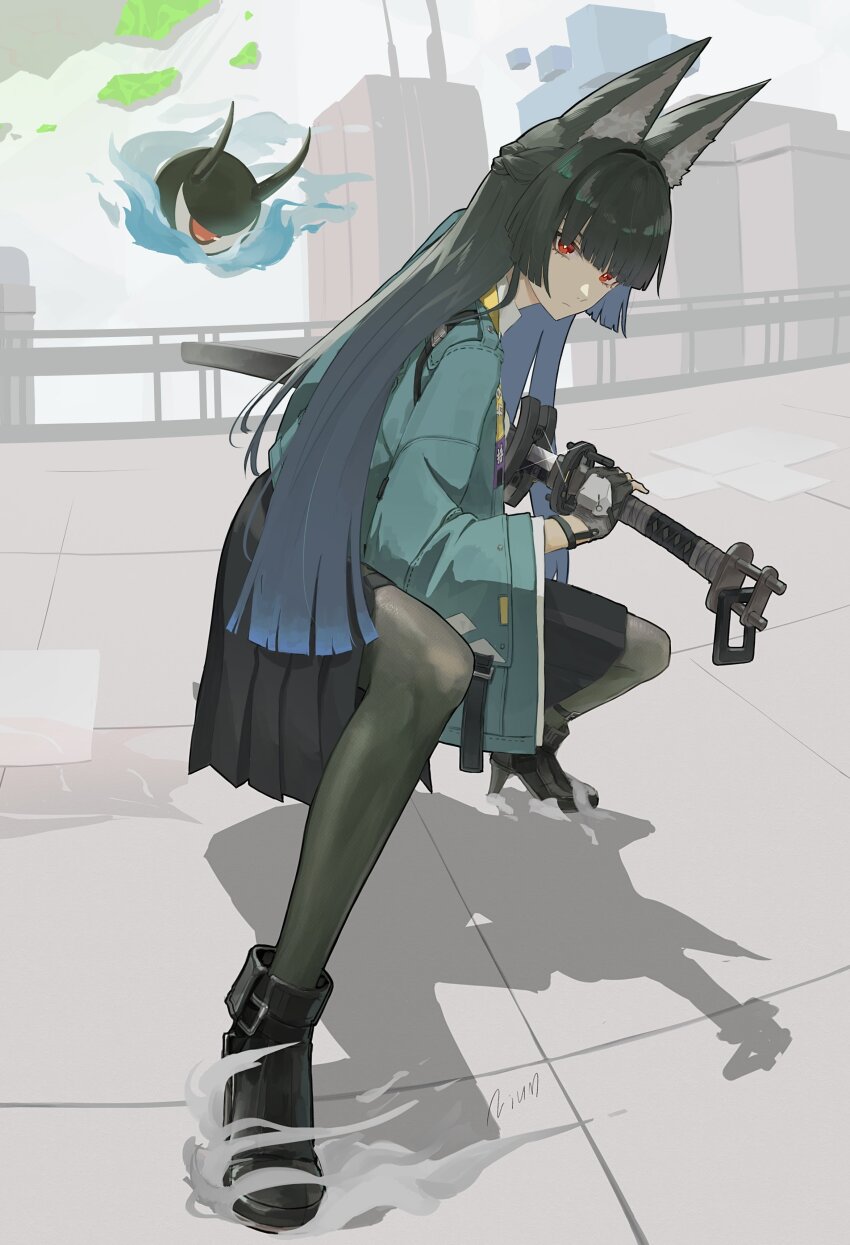 1girl absurdres animal_ear_fluff animal_ears black_footwear black_gloves black_hair black_pantyhose black_skirt blunt_bangs boots closed_mouth expressionless fingerless_gloves fox_ears fox_girl full_body gloves green_jacket high-waist_skirt highres hime_cut holding holding_sword holding_weapon hoshimi_miyabi jacket katana long_hair looking_at_viewer nium_404 outdoors pantyhose pleated_skirt red_eyes shadow sidelocks signature single_fingerless_glove skirt solo standing sword tailless_(zenless_zone_zero) weapon zenless_zone_zero