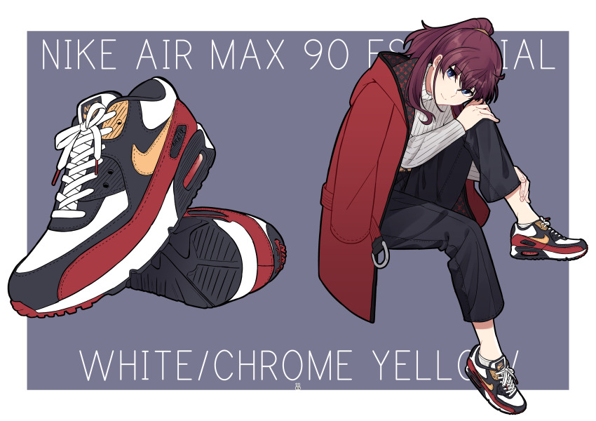 1girl absurdres air_max_90 black_pants blue_eyes border casual closed_mouth commentary_request footwear_focus full_body highres jacket jacket_on_shoulders jouhou konohana_suzuka leg_up long_sleeves looking_at_viewer medium_hair multicolored_shoes nike_(company) outside_border pants ponytail purple_background purple_hair red_jacket shoes simple_background sitting sneakers solo sweater toji_no_miko turtleneck turtleneck_sweater white_border white_sweater