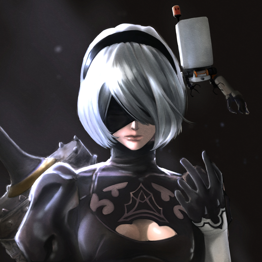 1girl 1other 2b_(nier:automata) black_blindfold black_gloves black_hairband blindfold cleavage_cutout clip_studio_paint_(medium) clothing_cutout covered_eyes gloves hairband highres huge_weapon juliet_sleeves long_sleeves looking_at_viewer nier:automata nier_(series) pod_(nier:automata) portrait puffy_sleeves red-bullet short_hair upper_body weapon white_hair