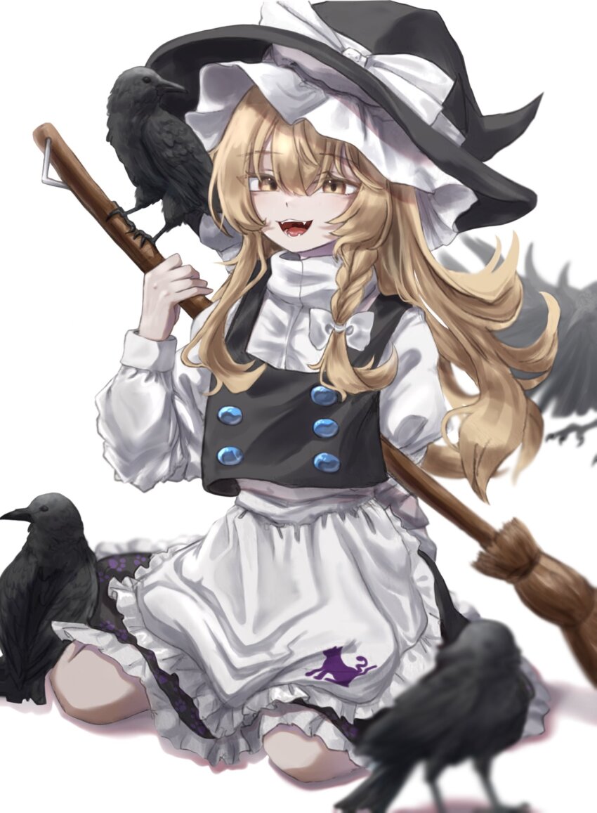 1girl :3 :d animal_print apron arm_behind_back bird black_hat black_skirt black_vest blonde_hair bow braid broom cat_print commentary crow eyes_visible_through_hair fangs floating_hair frilled_apron frilled_skirt frills full_body hair_between_eyes hair_bow hand_up hat hat_bow highres holding holding_broom karasu2020_8 kirisame_marisa long_hair long_sleeves looking_at_viewer open_mouth print_apron puffy_long_sleeves puffy_sleeves revision shirt sidelocks simple_background single_braid sitting skirt smile solo teeth touhou tsurime vest waist_apron wariza white_apron white_background white_bow white_shirt witch_hat yellow_eyes