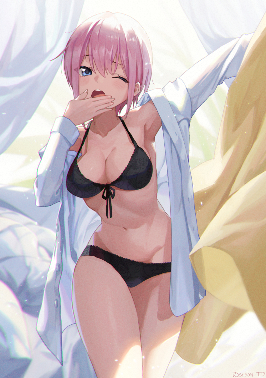 1girl armpits black_bra black_panties blue_eyes bra breasts collarbone covering_own_mouth go-toubun_no_hanayome hand_over_own_mouth highres medium_breasts nakano_ichika navel one_eye_closed open_clothes open_mouth open_shirt outstretched_arm panties pink_hair round_teeth shirt short_hair solo sooon standing teeth twitter_username underwear upper_teeth_only white_shirt yawning