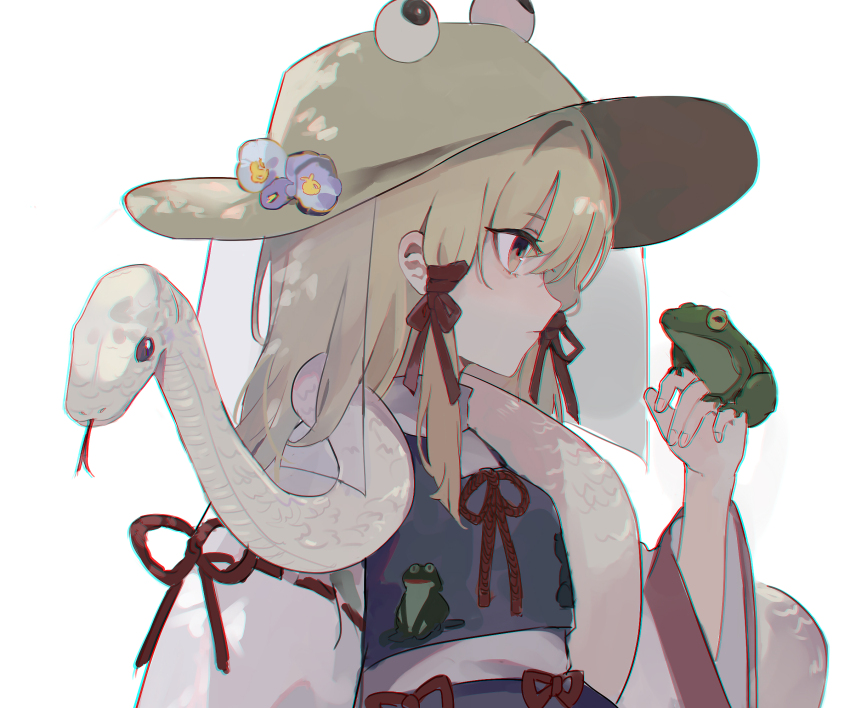 1girl animal animal_print blonde_hair brown_hat chromatic_aberration commentary dress flower frog frog_print from_side hair_ribbon hat hat_flower highres holding holding_animal kani_nyan long_hair long_sidelocks looking_at_animal moriya_suwako purple_skirt purple_vest red_ribbon ribbon ribbon-trimmed_skirt ribbon_trim sidelocks simple_background skirt sleeve_ribbon snake snake_on_shoulder tongue tongue_out touhou upper_body veil vest white_background white_dress white_snake white_veil wide_sleeves yellow_eyes